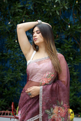 Designer Handmade Dark Maroon Flower Printed Pure Organza Saree